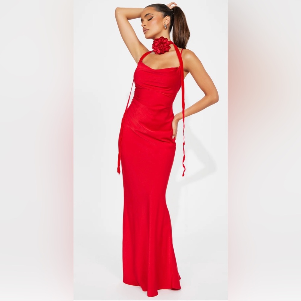Elegant Red Dress with Floral Accent